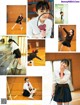 A collage of photos of a girl playing badminton.